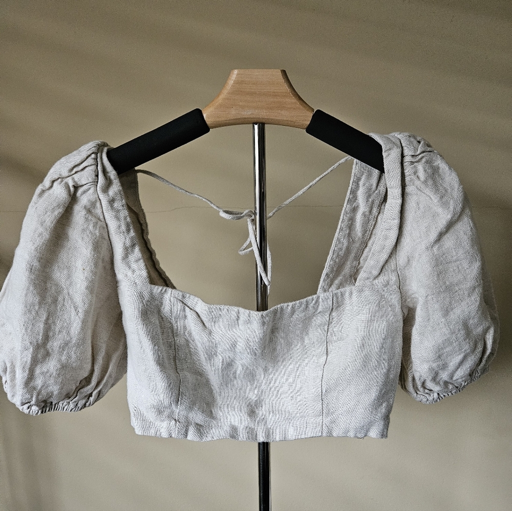 Reformation Linen Puff Sleeve Crop Top Size 0